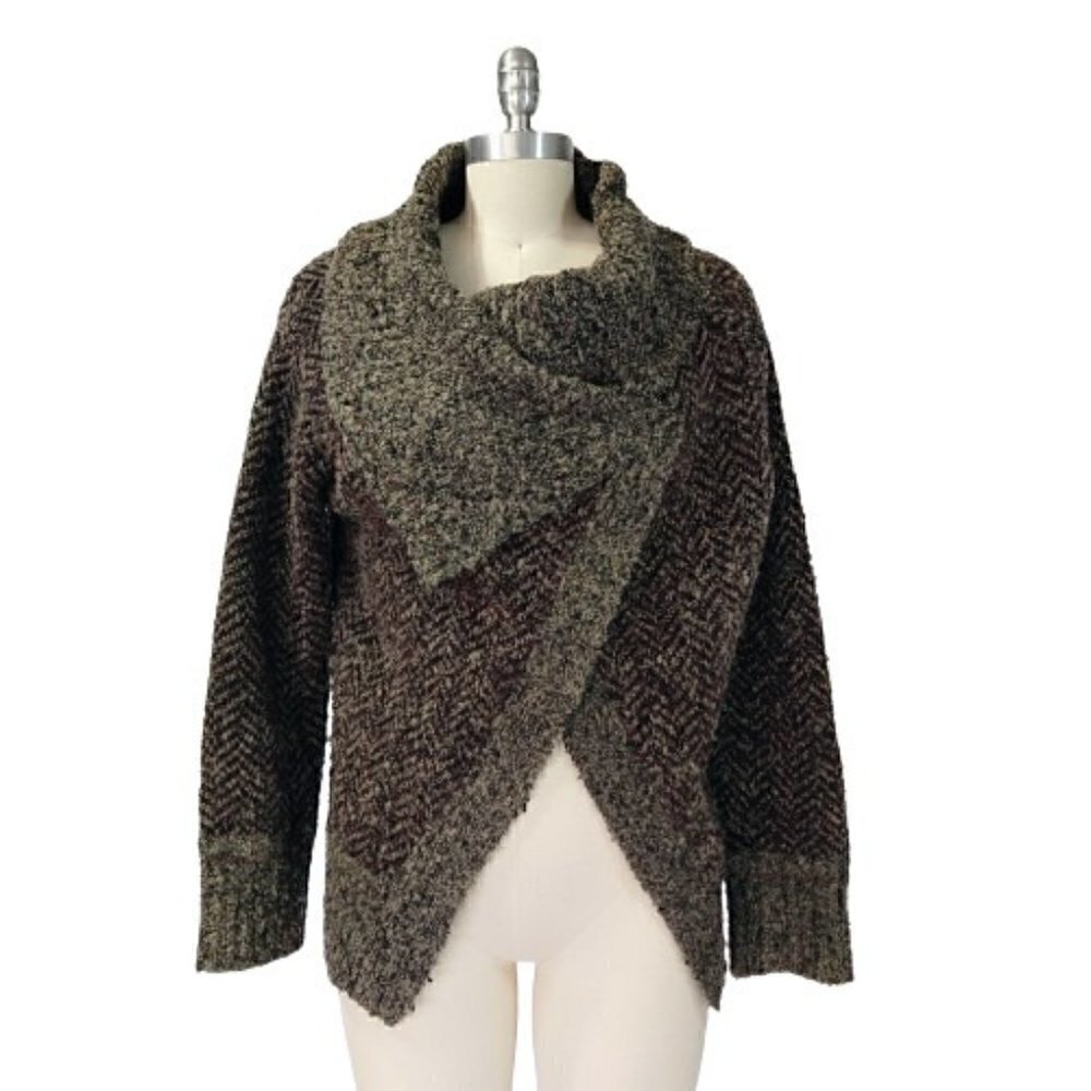 Vintage 90s Curio Cardigan Sweater Size L Asymmetric Draped Brown Knit Coastal